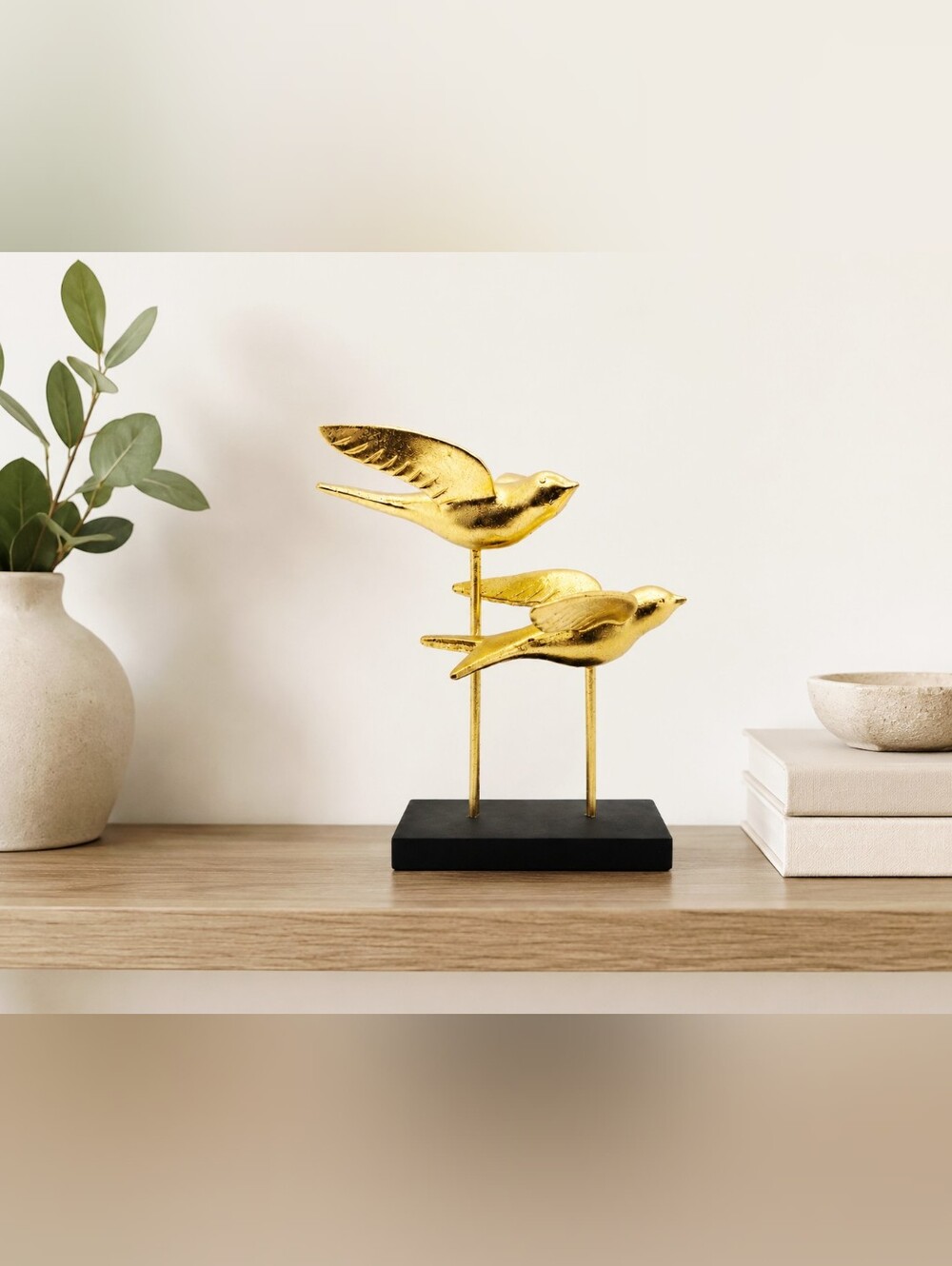 Gold-Tone Metal Two Flying Birds Sculpture on Black Base